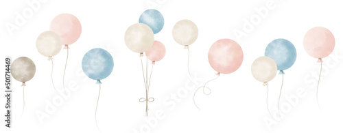 Air Balloons. Hand drawn Watercolor illustration with light blue and pink round Ballons. Cute set for birthday party