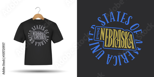 Nebraska state t-shirt typography design. USA american state hand drawn lettering. Made in Nebraska slogan, phrase, quote. Vector illustration.