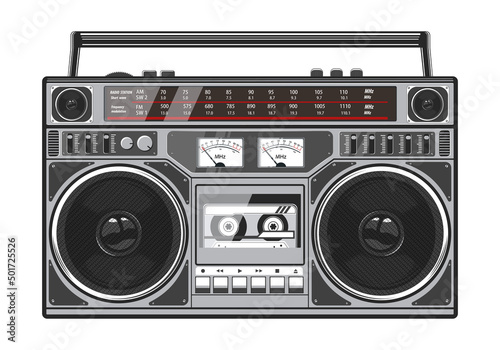 Boombox vector illustration. 80s technology. 90s music player. Retro style 90s boombox illustration.