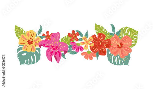 Tropical exotic flowers and leaves. Vector illustration isolated on white background. Flat style design element for poster, banner, party invitation, summer concept.
