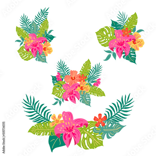 Tropical exotic flowers and leaves. Vector illustrations set isolated on white background. Flat style design element for poster, banner, party invitation, summer concept.