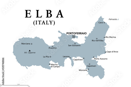 Elba, gray political map. Mediterranean island in Tuscany, Italy, with capital Portoferraio. Located in Tyrrhenian Sea and largest island in the Tuscan Archipelago. Site of the first exile of Napoleon