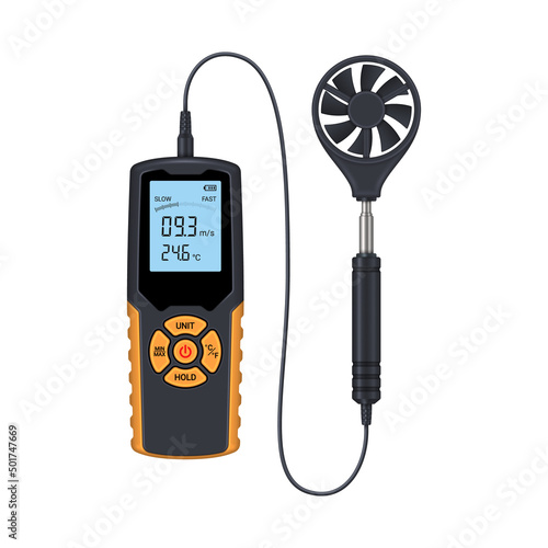Digital anemometer isolated on white. Wind speed measuring device. Vector illustration.