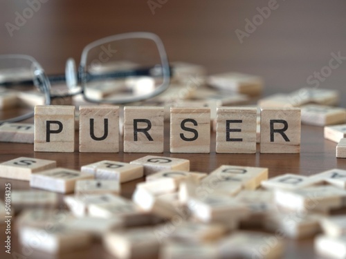 purser word or concept represented by wooden letter tiles on a wooden table with glasses and a book