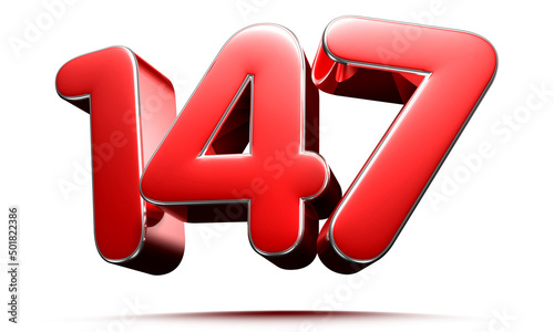 Rounded red number 147 3D illustration on white background have work path.