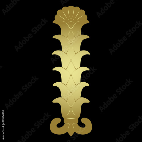 Persian Achaemenid floral motif. Stylized plant or cone. Golden glossy silhouette on black background. Geometrical vertical palmette design.