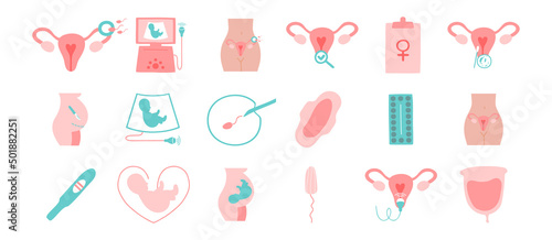 Gynecology and obstetrics icons set. Ultrasound, check up, artificial fertilization, gynecological surgery, birth control pills, menstruation. Ultrasound, artificial fertilization, pregnancy, fetus.
