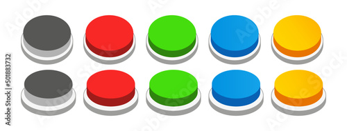 3D flat circular push button icon collection set. Black, red, green, blue, and yellow colors. On off illustration vector symbol. Top front perspective view.
