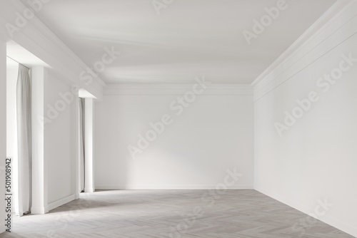 3d minimalistic white classic interior, space with a large windows and cornice on the ceiling, parquet on the floor. 3D rendering illustration mockup.