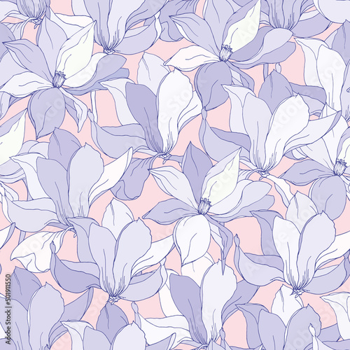 Gentle spring seamless background purple big flowers, print for fabric and dresses, home textiles
