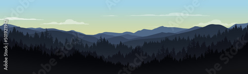 Vector illustration of pine forest mountain background in the early morning.