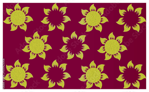 Abstract yellow floral design on dark red background 