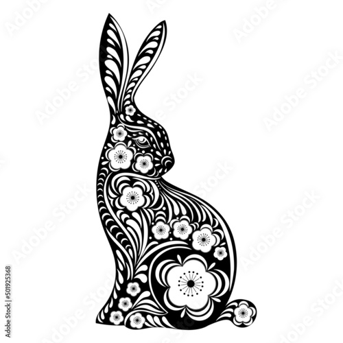 2023 Year of Rabbit with paper art cut white background, Chinese zodiac for New Year element, Beautiful Easter Bunny with Floral fancy hare with laser cut pattern for die cutting or template