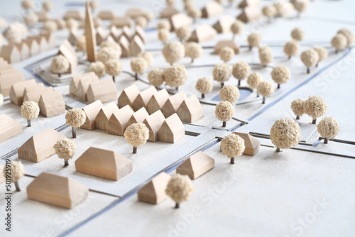 Architectural Model, miniature construction of a village out of houses in different shapes, traditional urban and rural planning