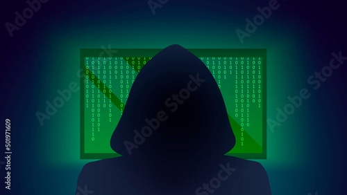 Hacker silhouette and laptop with green binary code