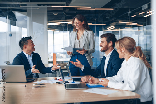 A group of business people partners during a set team meeting in the modern office.High quality 