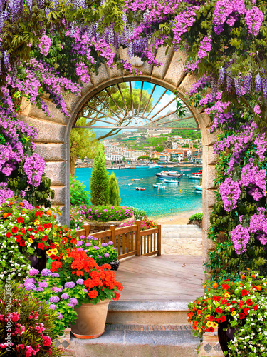 Lilac arch with a view of the embankment. Mediterranean landscape. Photo wallpapers. Wallpaper on the wall.