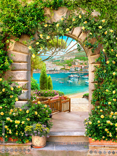 The Mediterranean coast. Arch in flowers. Photo wallpapers. Frescoes. Wallpaper for printing.