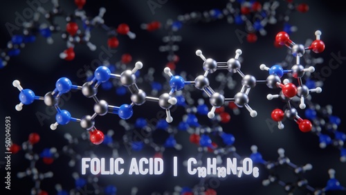 Folic acid (Vitamin B9) molecular structure. 3D illustration