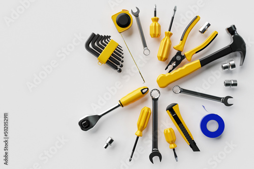 Construction tools. Hand tool for home repair and construction. wrench, cutter, electrical tape, ratchet, pliers, level . 3D illustration