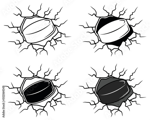 Hockey Puck breaking through a wall Clipart Set - Outline, Silhouette and Color 