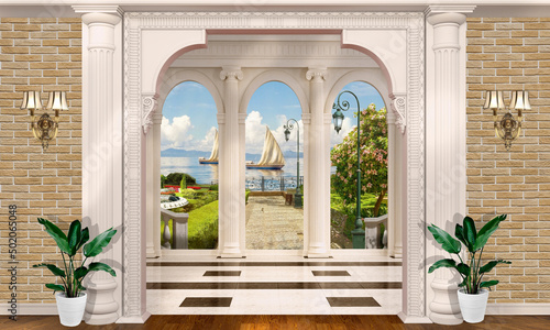 Hall with a view of the sea and the sea embankment. Interior wall. 3D rendering. 3d wallpaper.