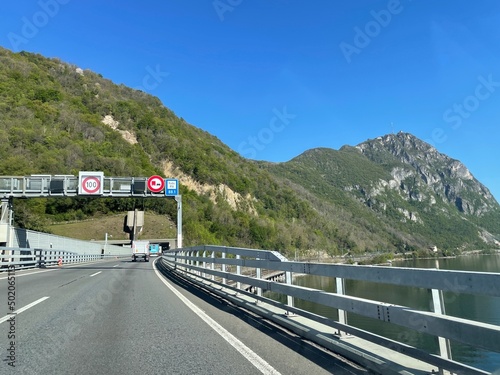 Melide, Switzerland, 19.04.2022. Swiss highway over lake Como.