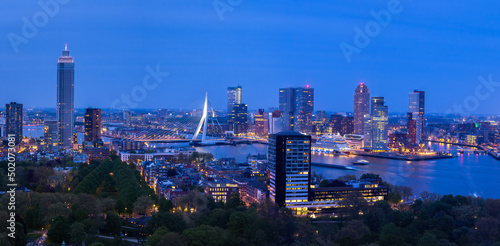 Rotterdam, Netherlands - April 28, 2022: Beautiful blue hour cityscape of Rotterdam, Holland-Netherlands, from above