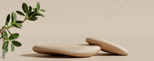 Stone product display podium with nature leaves on brown background. 3D rendering 