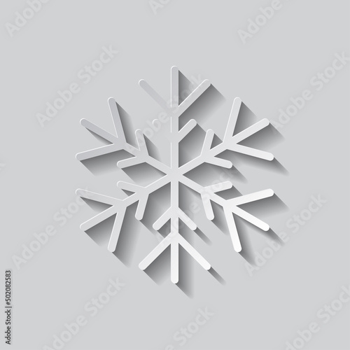 Snowflake simple icon. Flat design. Paper style with shadow. Gray background.ai