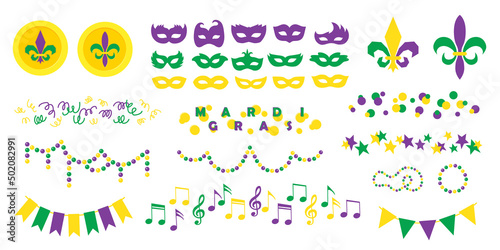Mardi Gras carnival set of flat icons, separate festive elements for festival, masquerade. Masks, patterns, symbol and sign fleur de lis. Shrove Tuesday, Fat Tuesday, celebration and march parade.