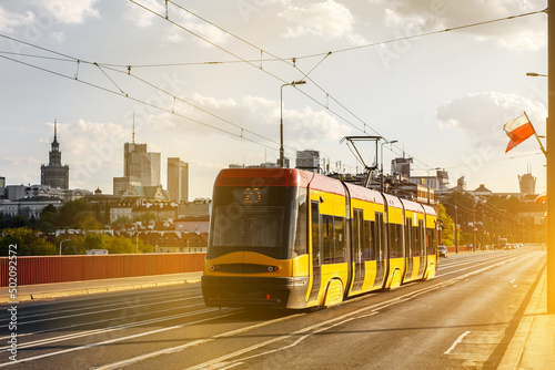 Tram in the city. Public transport concept. Warsaw, Poland
