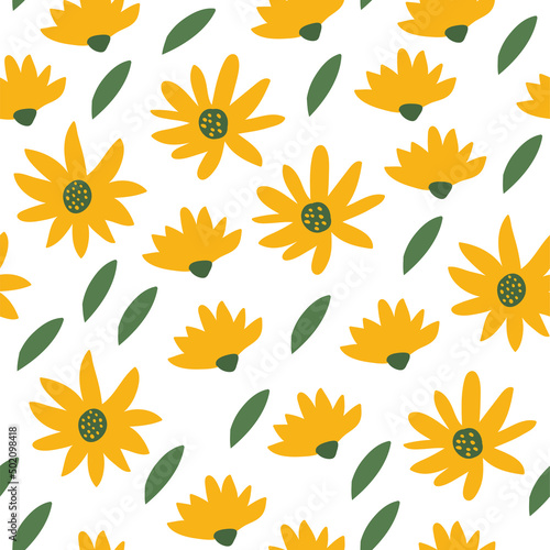Trendy yellow wind blowing Floral pattern in the many kind of flowers. Wild botanical Motifs scattered Seamless vector texture. For fashion prints. Printing with in hand drawn style on white.