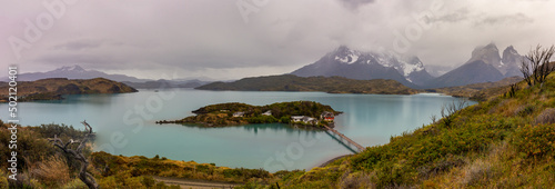 Panoramic view of Pehoe lake in Torres del Paine national park