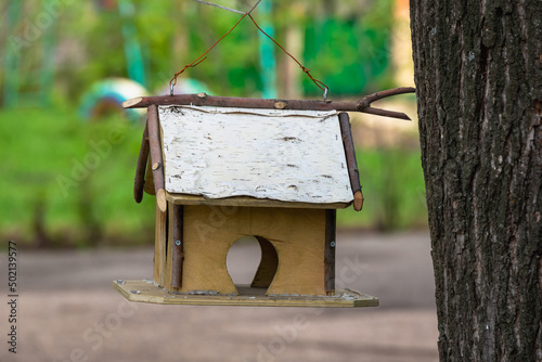 House (feeder) for birds on a tree.