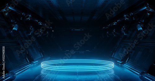 Blue spaceship interior with glowing neon lights podium on the floor. Futuristic corridor in space station with circles background. 3d rendering
