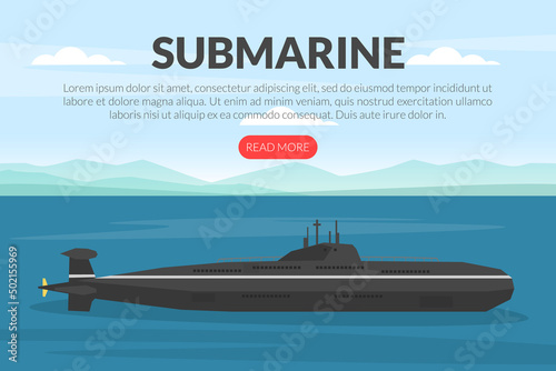 Web Banner with Warship or Combatant Submarine Ship as Marine Vessel for Naval Warfare Vector Template