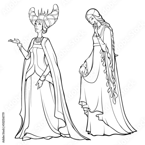 Medieval queen with a gossiping chamber made. Medieval gothic style concept art. Design element. Black line drawing isolated on white background. EPS10 vector illustration