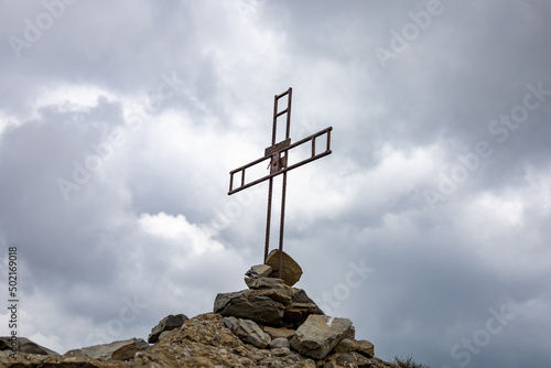 the cross on the top of Monte Santa Croce. Monte Alpi, Lucan Apennines, Basilicata, Italy
