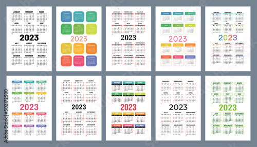 Calendar 2023 year set. Vector pocket or wall calender template collection. Week starts on Sunday. January, February, March, April, May, June, July, August, September, October, November, December