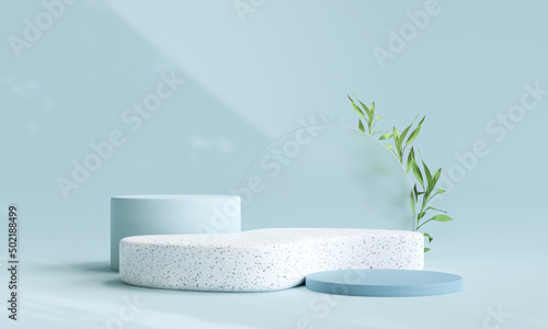 Terrazzo marble podium on pastel colour background for product presentation. Natural beauty pedestal, relaxation and health, 3d illustration