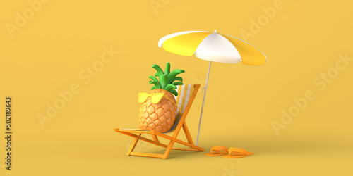 Summer vacation concept with pineapple with sunglasses on beach chair. Copy space. 3D illustration.