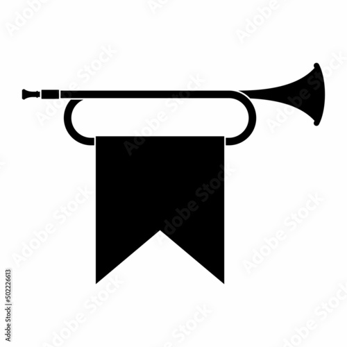 Horn trumpet icon musical instrument isolated on white background. Royal fanfare with triumphant flag for play music. Vector illustration