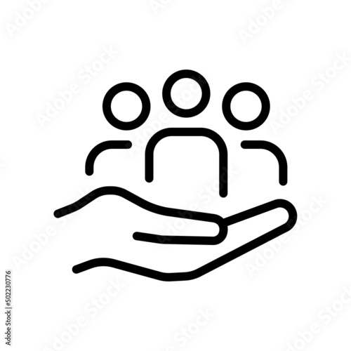 Safe peoples symbol. Hand holds people. Icon vector illustration in outline style