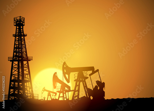 Oil field over sunset. Vector illustration. Gas industry. Dark silhouette drilling rig.