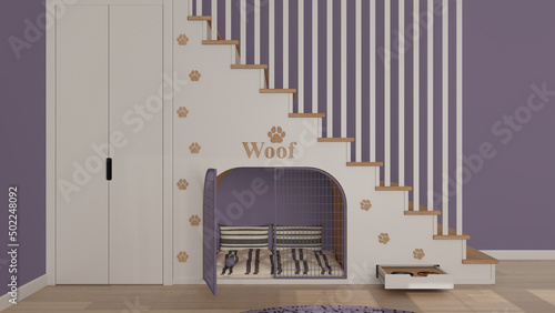 Pet friendly interior design, wooden staircase in purple tones, modern space devoted to pets. Kennel with gate and pillows, drawer with treat and water bowl, wardrobe. Dog room
