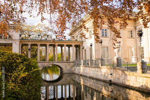 Lazienki or Royal Baths park in Warsaw in Poland. Royal Palace on the Water in Lazienki Park, Warsaw, Palace on the water in the Royal Baths in Warsaw, Poland