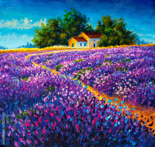 Tuscany Original oil painting warm old rural house farmhouse in the purple lavender field on canvas. Impasto artwork. Impressionism art