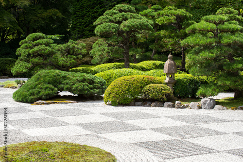 Zen garden with raked stones and green vegetation