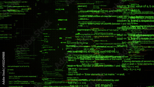Abstract computer monitor with moving symbols. Animation. Green linux terminal commands on black background, conept of operating systems and technologies.